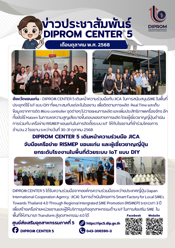 DIPROM CENTER 5 เดินหน้าความร่วมมือ JICA   จับมือเครือข่าย RISMEP ขอนแก่น และผู้เชี่ยวชาญญี่ปุ่น   ยกระดับโรงงานในพื้นที่ด้วยระบบ IoT แบบ DIY