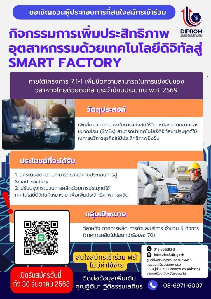รับสมัครผู้ประกอบการเข้าร่วมกิจกรรม “เพิ่มประสิทธิภาพอุตสาหกรรมด้วยเทคโนโลยีดิจิทัลสู่ Smart Factory”