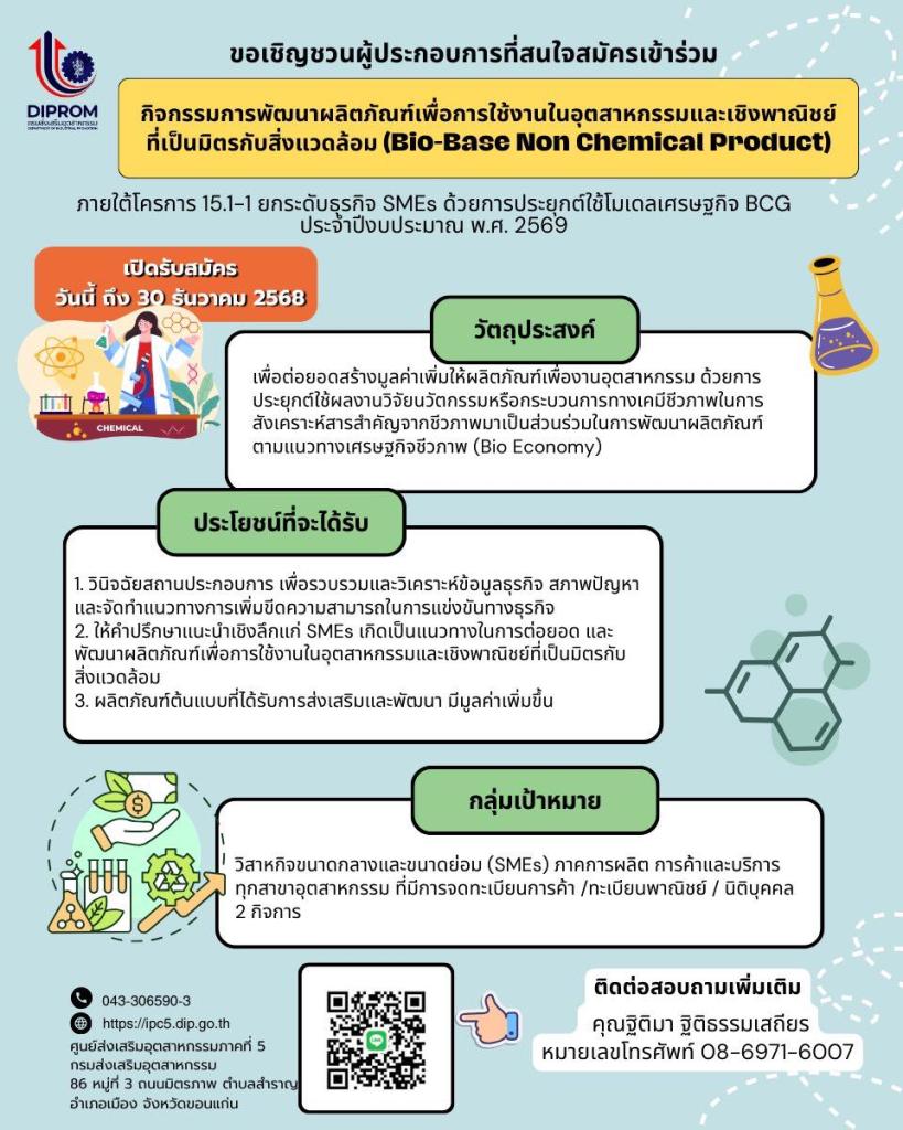 เปิดรับสมัครผู้ประกอบการ “กิจกรรมการพัฒนาผลิตภัณฑ์เพื่อการใช้งานในอุตสาหกรรมและเชิงพาณิชย์ที่เป็นมิตรกับสิ่งแวดล้อม (Bio-Base Non Chemical Product)“