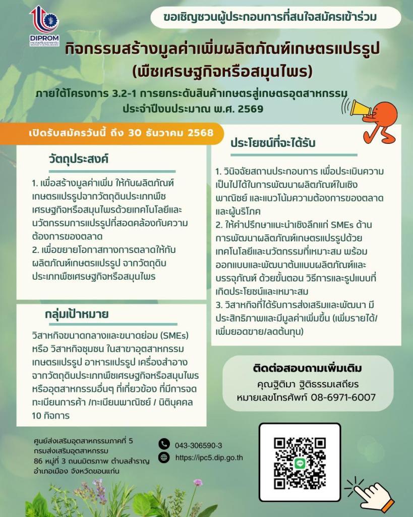 เปิดรับสมัครผู้ประกอบการ “กิจกรรมสร้างมูลค่าเพิ่มผลิตภัณฑ์เกษตรแปรรูป (พีชเศรษฐกิจหรือสมุนไพร)”