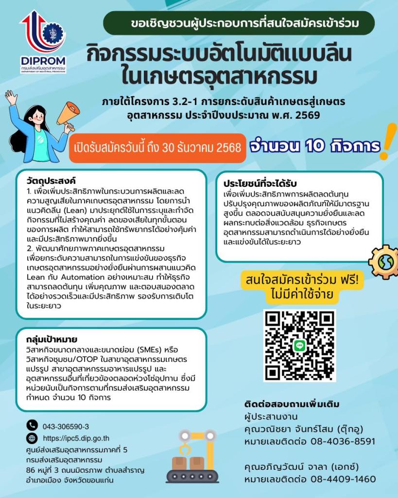 เปิดรับสมัครผู้ประกอบการที่สนใจเข้าร่วม “กิจกรรมระบบอัตโนมัติแบบลีนในเกษตรอุตสาหกรรม”  สมัครฟรี ไม่มีค่าใช้จ่าย!