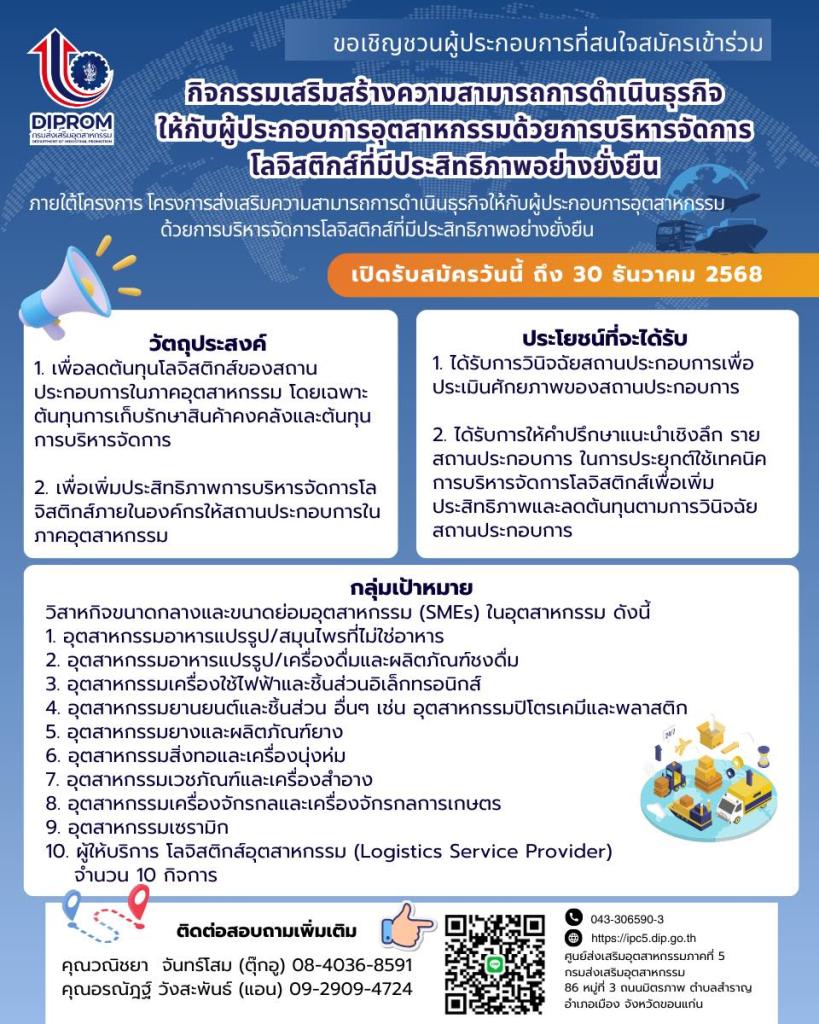 เปิดรับสมัครผู้ประกอบการที่สนใจเข้าร่วม “กิจกรรมเสริมสร้างความสามารถการดำเนินธุรกิจ ให้กับผู้ประกอบการอุตสาหกรรมด้วยการบริหารจัดการโลจิสติกส์ที่มีประสิทธิภาพอย่างยั่งยืน”