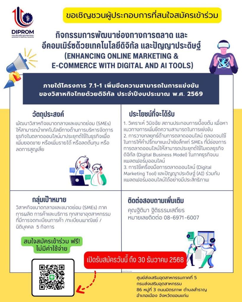 เปิดรับสมัครผู้ประกอบการที่สนใจเข้าร่วม “กิจกรรมการพัฒนาช่องทางการตลาด และ อีคอมเมิร์ซด้วยเทคโนโลยีดิจิทัล และปัญญาประดิษฐ์ (ENHANCING ONLINE MARKETING & E-COMMERCE WITH DIGITAL AND AI TOOLS)”