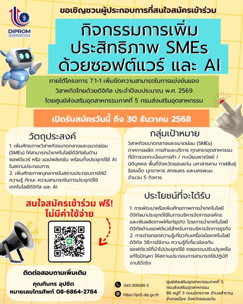 ขอเชิญผู้ประกอบการวิสาหกิจชุมชนเข้าร่วม “กิจกรรมการเพิ่มประสิทธิภาพ SMEs ด้วยซอฟต์แวร์ และ AI “