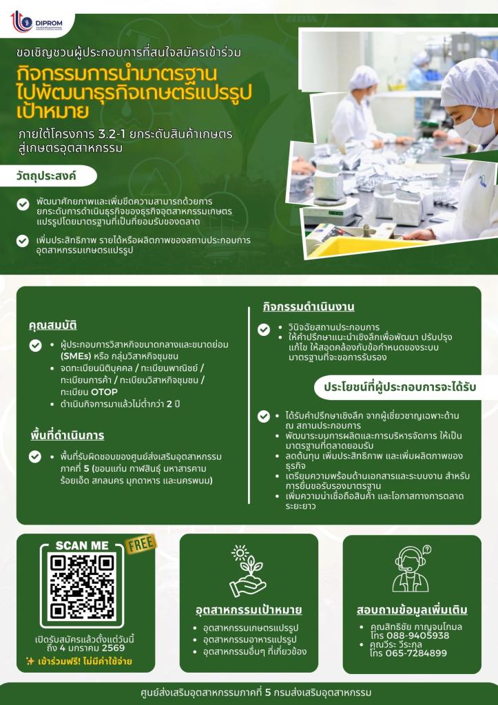 เปิดรับสมัครผู้ประกอบการ เข้าร่วมกิจกรรม “การนำมาตรฐานไปพัฒนาธุรกิจเกษตรแปรรูปเป้าหมาย”