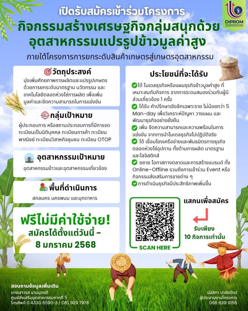 เปิดรับสมัครเข้าร่วมโครงการกิจกรรมสร้างเศรษฐกิจกลุ่มสนุกด้วยอุตสาหกรรมแปรรูปข้าวมูลค่าสูงภายใต้โครงการการยกระดับสินค้าเกษตรสู่เกษตรอุตสาหกรรม