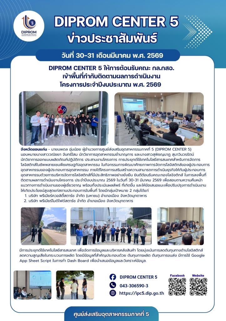 DIPROM CENTER 5 ให้การต้อนรับคณะ กล.กสอ. เข้าพื้นที่กำกับติดตามผลการดำเนินงาน โครงการประจำปีงบประมาณ พ.ศ. 2569