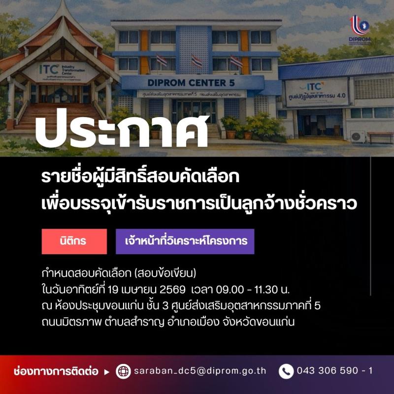 ประกาศรายชื่อผู้มีสิทธิ์คัดเลือกเพื่อบรรจุเข้ารับราชการเป็นลูกจ้างชั่วคราว ของศูนย์ส่งเสริมอุตสาหกรรมภาคที่ 5