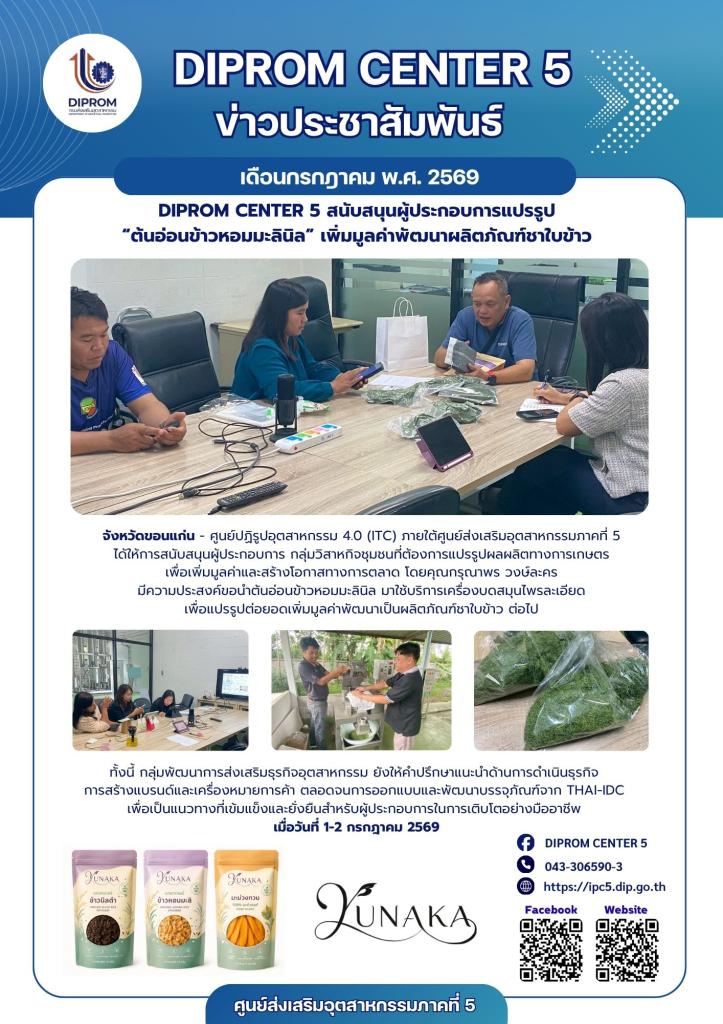 DIPROM CENTER 5 สนับสนุนผู้ประกอบการแปรรูป “ต้นอ่อนข้าวหอมมะลินิล” เพิ่มมูลค่าพัฒนาผลิตภัณฑ์ชาใบข้าว