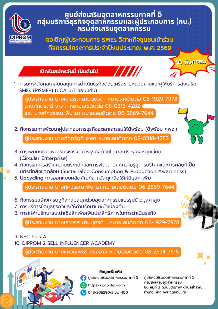 เปิดรับสมัครกลุ่มเป้าหมาย ผู้ประกอบการ SMEs และวิสาหกิจ เข้าร่วมฝึกอบรม และขอรับบริการปรึกษาเชิงลึก ประจำปีงบประมาณ พ.ศ. 2569