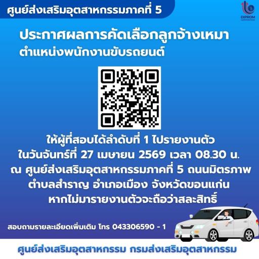 ประกาศผลการคัดเลือกเพื่อจัดจ้างเป็นลูกจ้างเหมาบริการ ตำแหน่งพนักงานขับรถยนต์